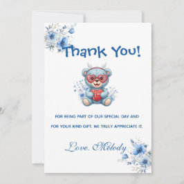 Tarjeta De Agradecimiento Sweet Heart Teddy Bear Blue Baby Shower 