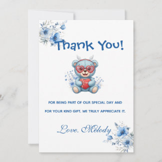 Tarjeta De Agradecimiento Sweet Heart Teddy Bear Blue Baby Shower 