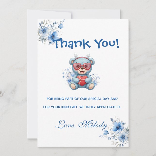 Tarjeta De Agradecimiento Sweet Heart Teddy Bear Blue Baby Shower  (Anverso)