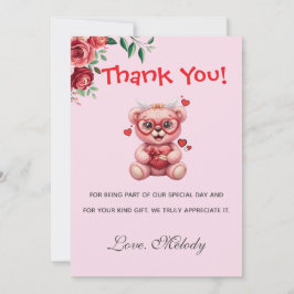 Tarjeta De Agradecimiento Sweet Heart Teddy Bear Pink Baby Shower 