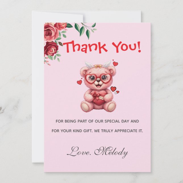 Tarjeta De Agradecimiento Sweet Heart Teddy Bear Pink Baby Shower  (Anverso)