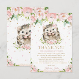 Tarjeta De Agradecimiento Sweet Hedgehog Rubor Pink Floral Baby Shower 