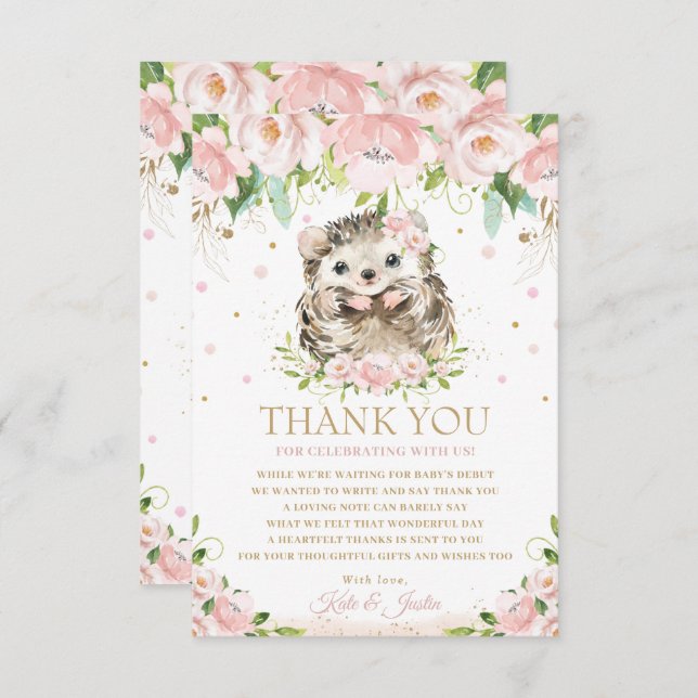Tarjeta De Agradecimiento Sweet Hedgehog Rubor Pink Floral Baby Shower  (Anverso / Reverso)