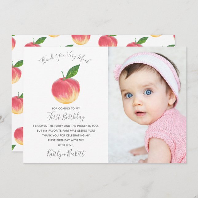 Tarjeta De Agradecimiento Sweet Little Peach First Birthday Photo (Anverso / Reverso)