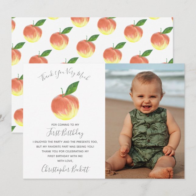 Tarjeta De Agradecimiento Sweet Little Peach First Birthday Photo (Anverso / Reverso)
