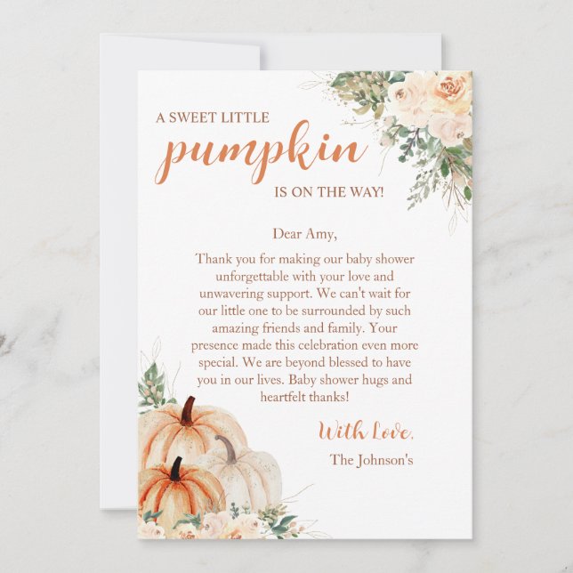 Tarjeta De Agradecimiento Sweet Little Pumpkin Autumn Baby Shower (Anverso)
