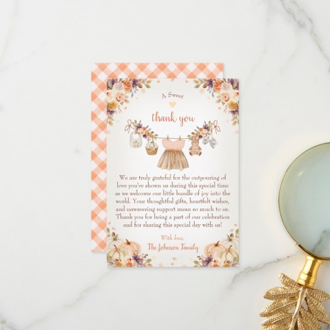 Tarjeta De Agradecimiento Sweet Little Pumpkin Autumn Baby Shower (Anverso/Reverso In Situ)
