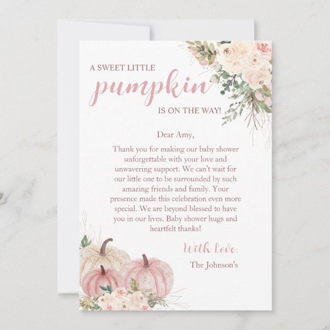 Tarjeta De Agradecimiento Sweet Little Pumpkin Autumn Baby Shower (Anverso)