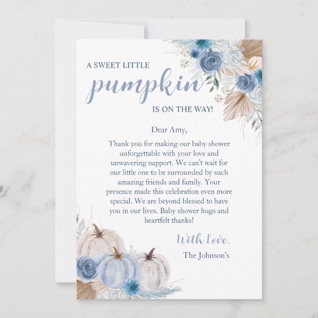 Tarjeta De Agradecimiento Sweet Little Pumpkin Autumn Baby Shower (Anverso)