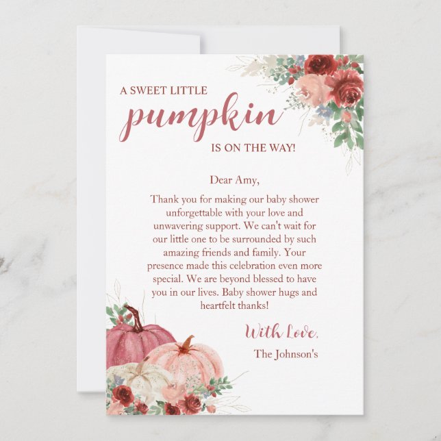 Tarjeta De Agradecimiento Sweet Little Pumpkin Autumn Baby Shower (Anverso)