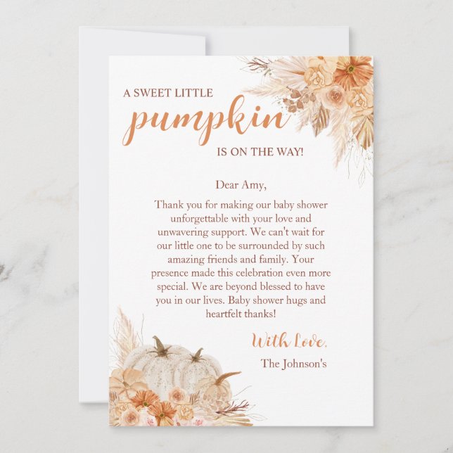 Tarjeta De Agradecimiento Sweet Little Pumpkin Autumn Baby Shower (Anverso)