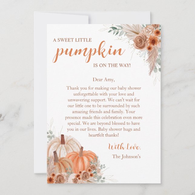 Tarjeta De Agradecimiento Sweet Little Pumpkin Autumn Baby Shower (Anverso)