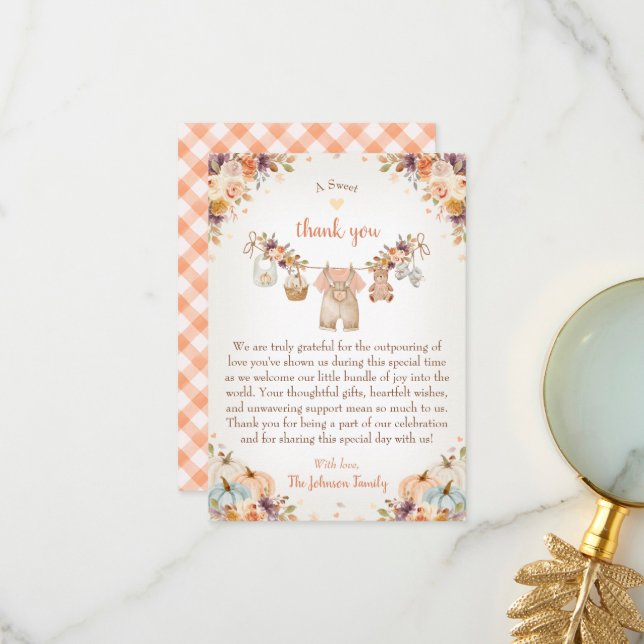 Tarjeta De Agradecimiento Sweet Little Pumpkin Autumn Baby Shower (Anverso/Reverso In Situ)