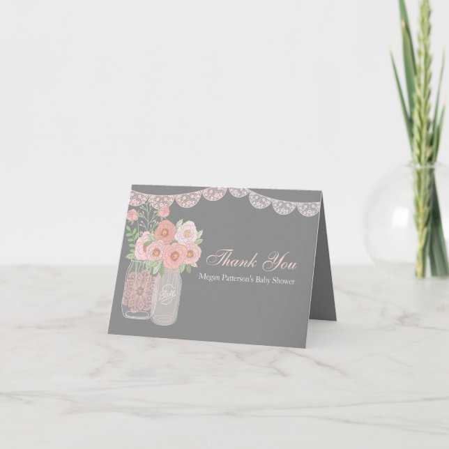 Tarjeta De Agradecimiento Sweet Mason Jar Pink Gray Baby Shower Gracias (Anverso)