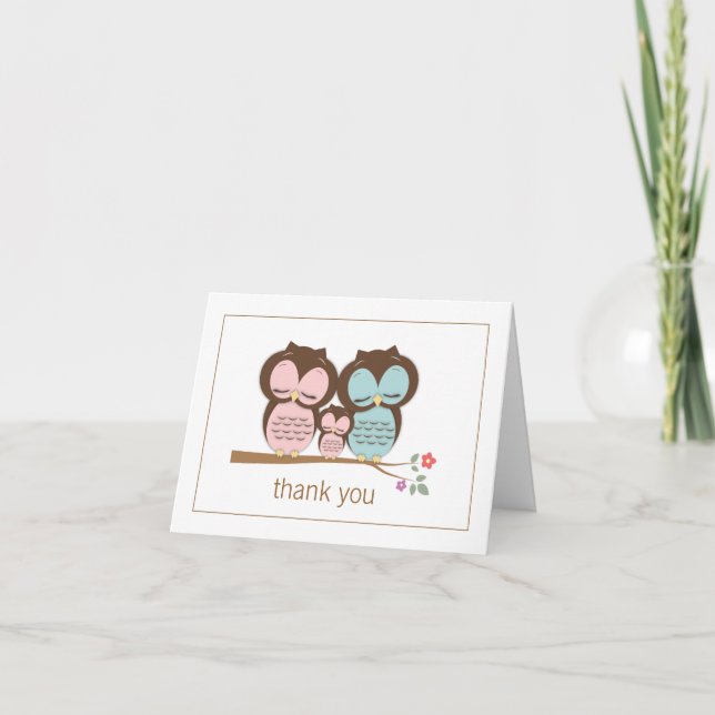Tarjeta De Agradecimiento Sweet Owl Couple & Baby Gracias (Anverso)