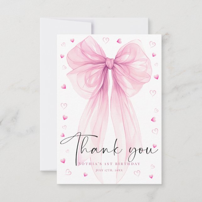 Tarjeta De Agradecimiento Sweet Pink Bow First Birthday Thank You Card (Anverso)