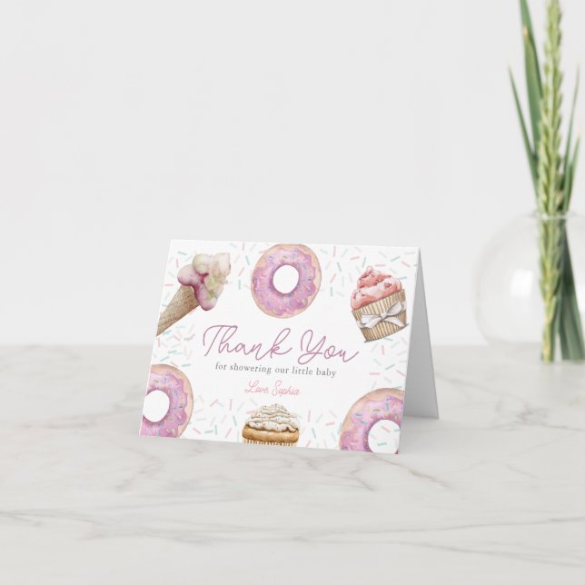 Tarjeta De Agradecimiento Sweet Pink Cupcake & Donut Baby Shower (Anverso)