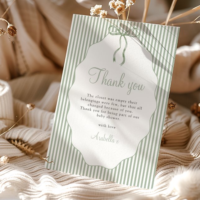 Tarjeta De Agradecimiento Sweet Pinstriped Green Bow Baby Shower Thank You (Subido por el creador)