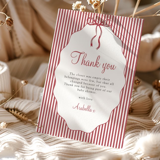Tarjeta De Agradecimiento Sweet Pinstriped Red Bow Baby Shower Thank You (Subido por el creador)