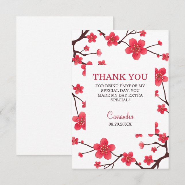 Tarjeta De Agradecimiento Sweet Red Cherry Blossom Sakura Floral Birthday (Anverso / Reverso)