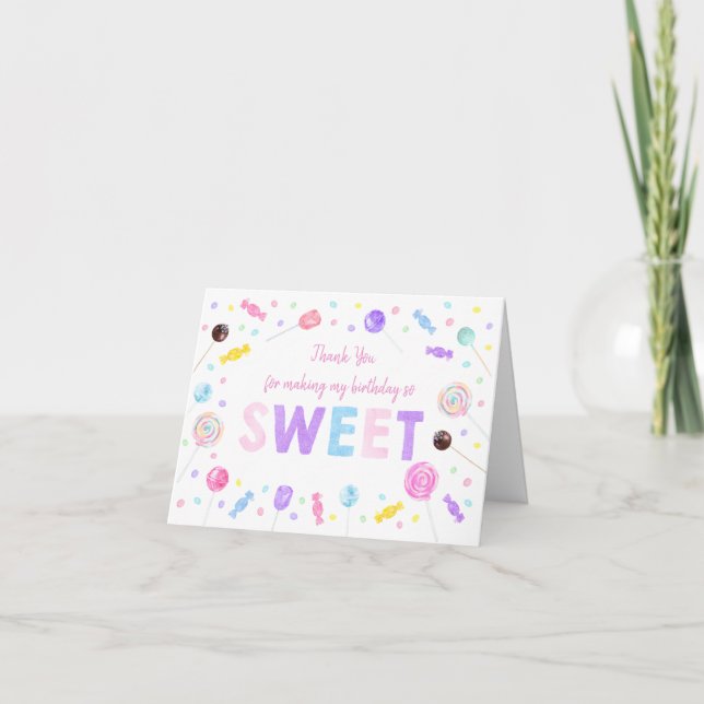 Tarjeta De Agradecimiento Sweet Shop Lollipop Candies Cumpleaños (Anverso)