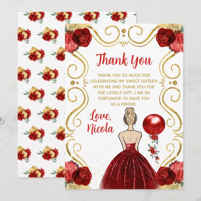 Tarjeta De Agradecimiento Sweet Sixteen Blonde Princess in Red (Anverso / Reverso)