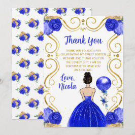 Tarjeta De Agradecimiento Sweet Sixteen Brown Hair Princess in Royal Blue 