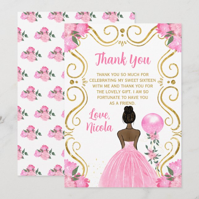 Tarjeta De Agradecimiento Sweet Sixteen Dark Skin Princess in Pink (Anverso / Reverso)