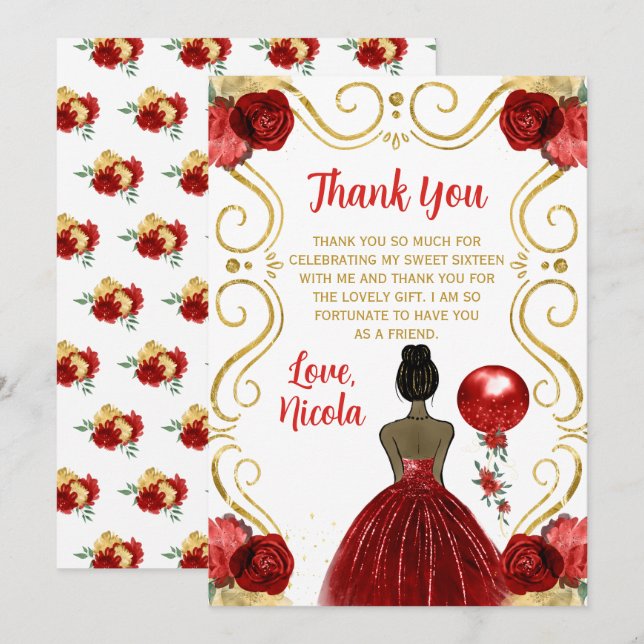 Tarjeta De Agradecimiento Sweet Sixteen Dark Skin Princess in Red (Anverso / Reverso)