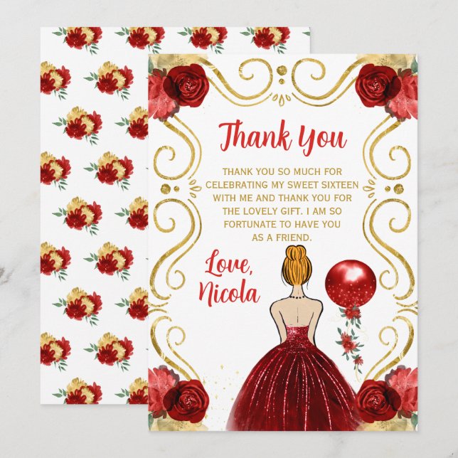 Tarjeta De Agradecimiento Sweet Sixteen Red Hair Princess in Red (Anverso / Reverso)