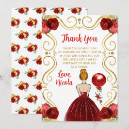 Tarjeta De Agradecimiento Sweet Sixteen Red Hair Princess in Red