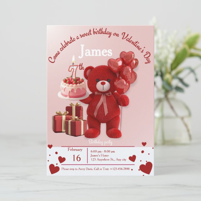 Tarjeta De Agradecimiento Sweet Valentine’s Birthday Invite – 7th Birthday (Anverso de pie)