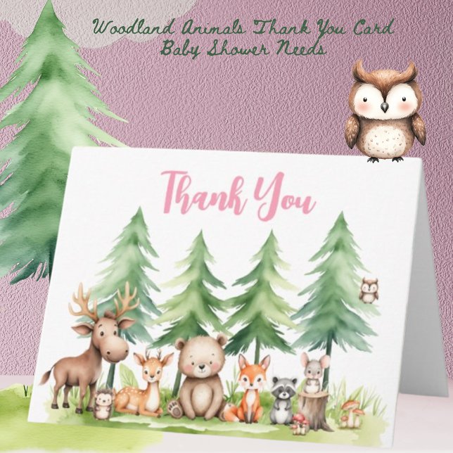 Tarjeta De Agradecimiento Sweet Woodland Animals Baby Shower Pink (Subido por el creador)