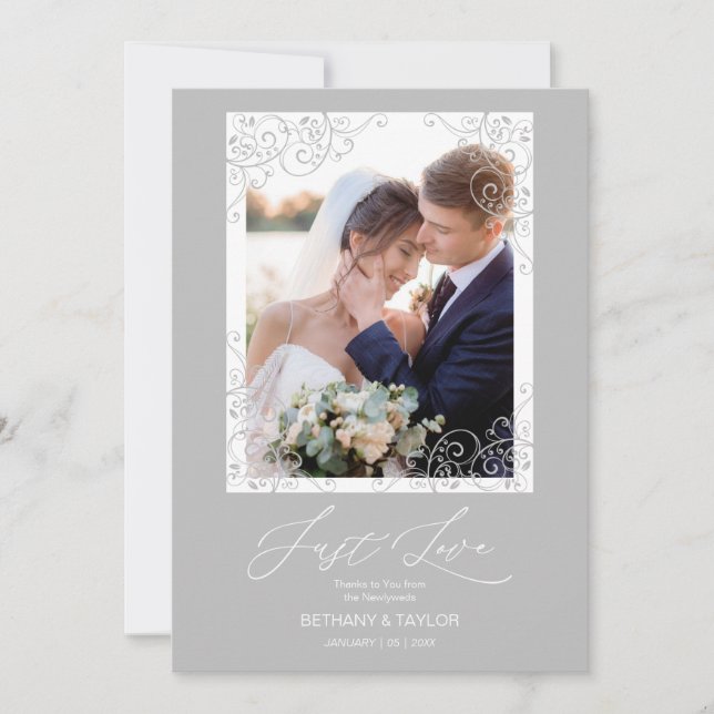 Tarjeta De Agradecimiento Swirly Flourish Grey Ornament Photo Newlyweds (Anverso)