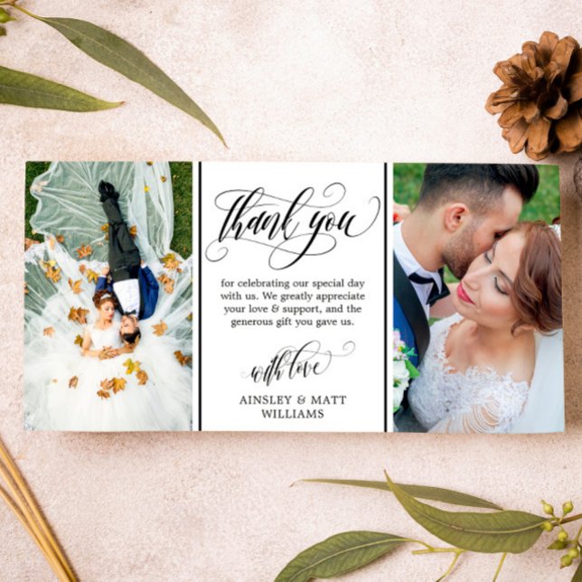 Tarjeta De Agradecimiento Swirly Script Two Wedding Photos Thank You (Subido por el creador)