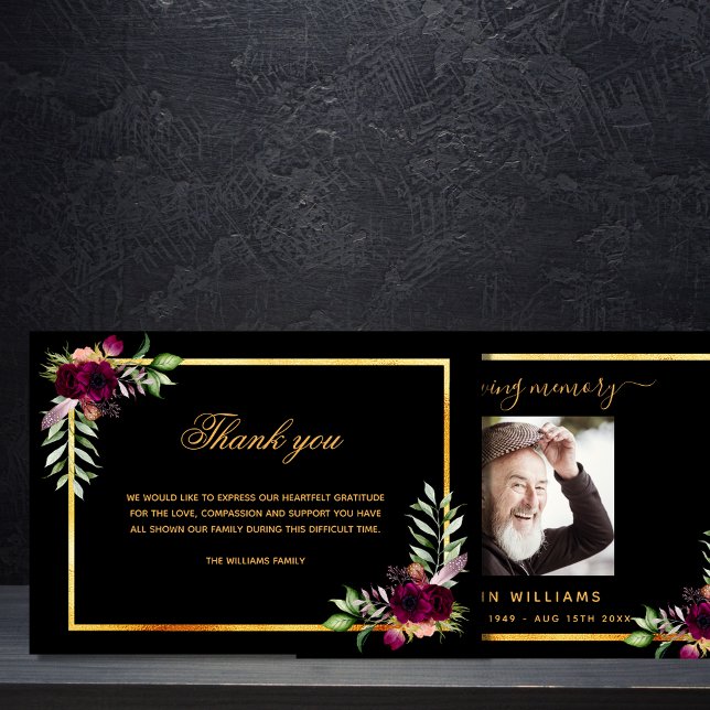 Tarjeta De Agradecimiento Sympathy black floral burgundy thank you photo (Subido por el creador)