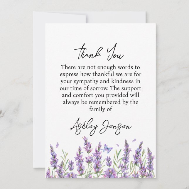 Tarjeta De Agradecimiento Sympathy Lavender Photo Funeral Thank You Card (Reverso)