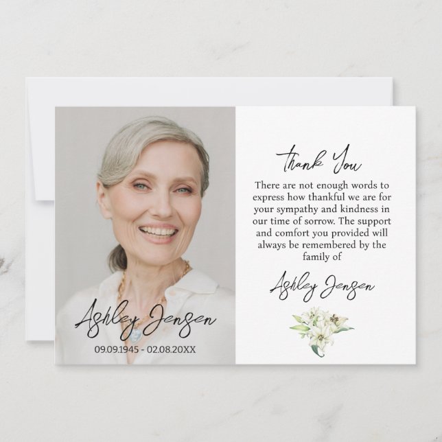Tarjeta De Agradecimiento Sympathy Lily Photo Funeral Thank You Card (Anverso)