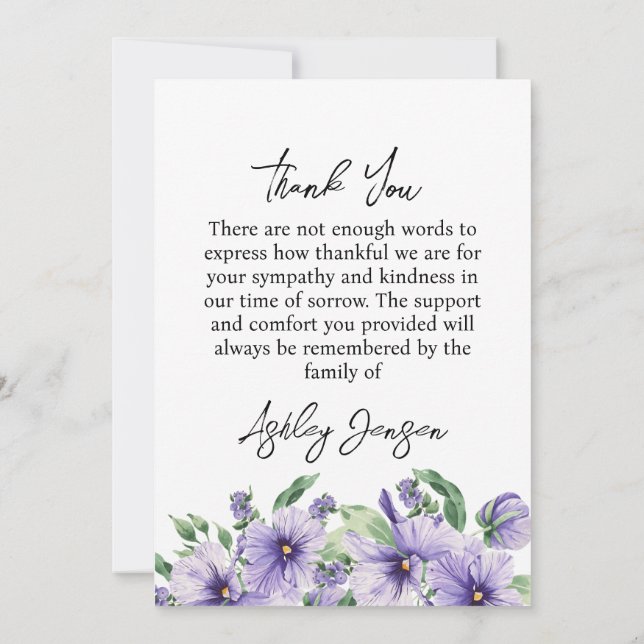 Tarjeta De Agradecimiento Sympathy Pansy Photo Funeral Thank You Card (Reverso)
