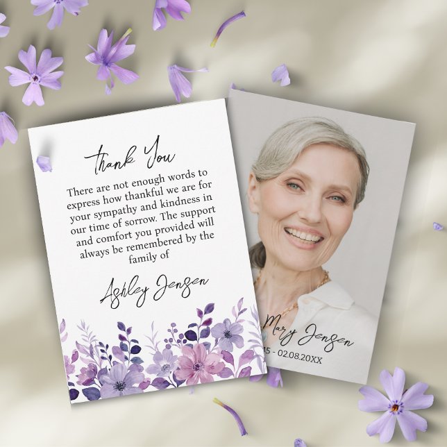 Tarjeta De Agradecimiento Sympathy Purple Floral Photo Thank You Card (Subido por el creador)