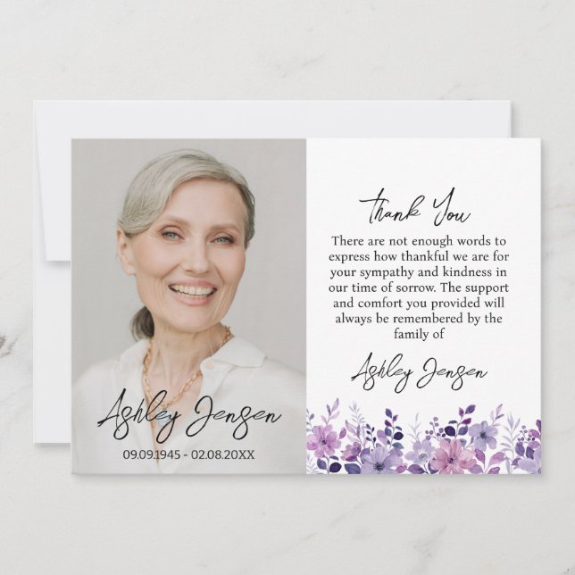 Tarjeta De Agradecimiento Sympathy Purple Flower Photo Thank You Card (Anverso)