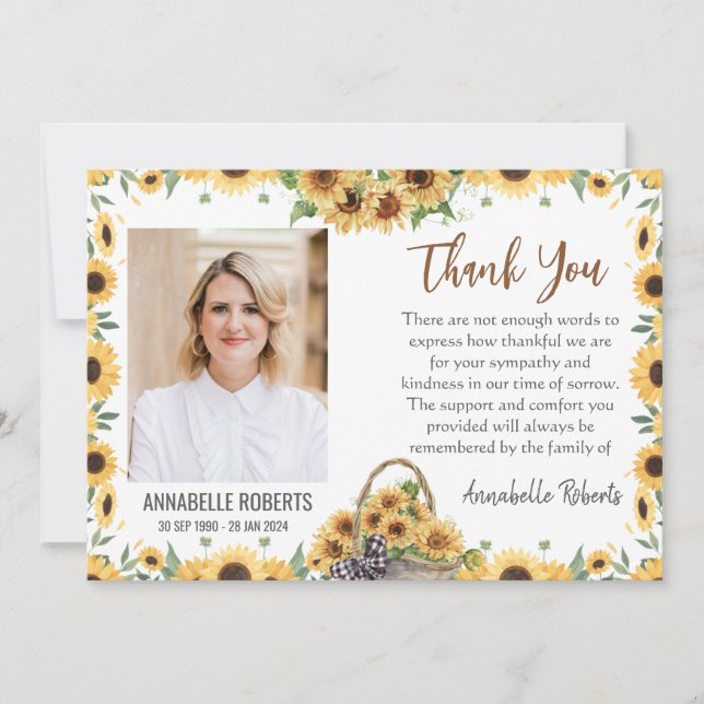 Tarjeta De Agradecimiento Sympathy Purple Sunflowers Photo Funeral  (Anverso)