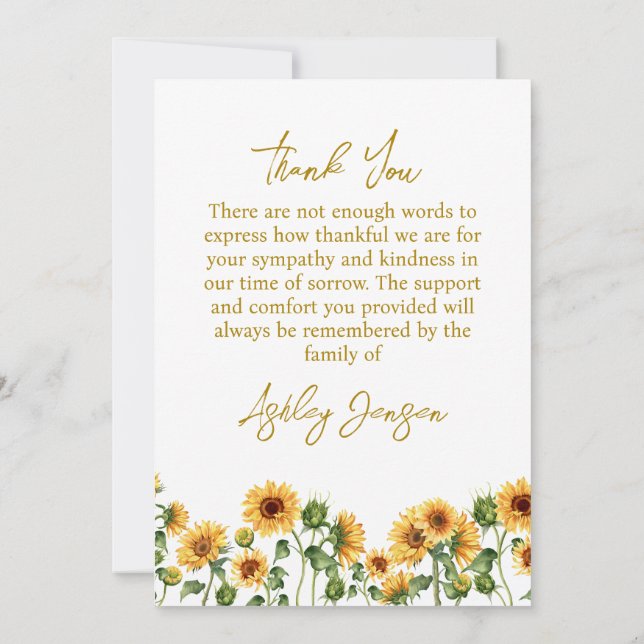Tarjeta De Agradecimiento Sympathy Sunflower Funeral Thank You Card (Reverso)