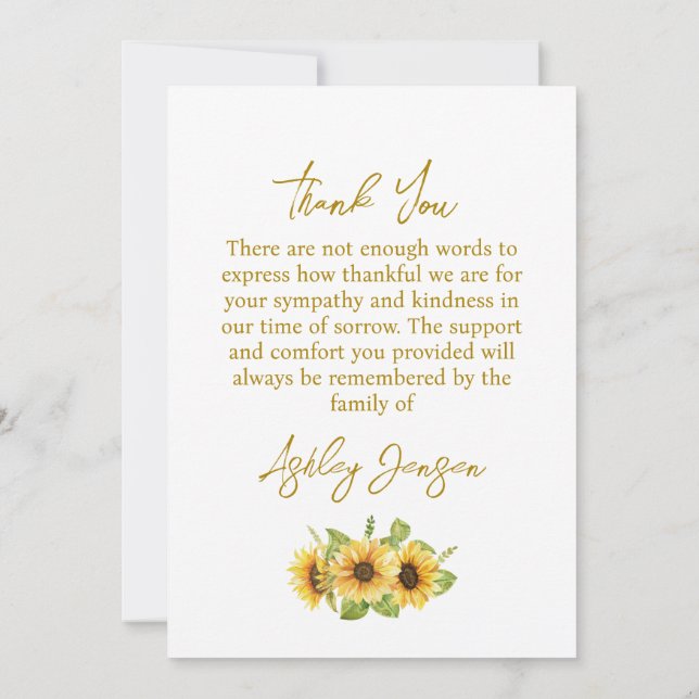 Tarjeta De Agradecimiento Sympathy Sunflower Funeral Thank You Card (Reverso)