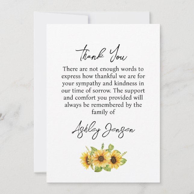 Tarjeta De Agradecimiento Sympathy Sunflower Funeral Thank You Card (Reverso)