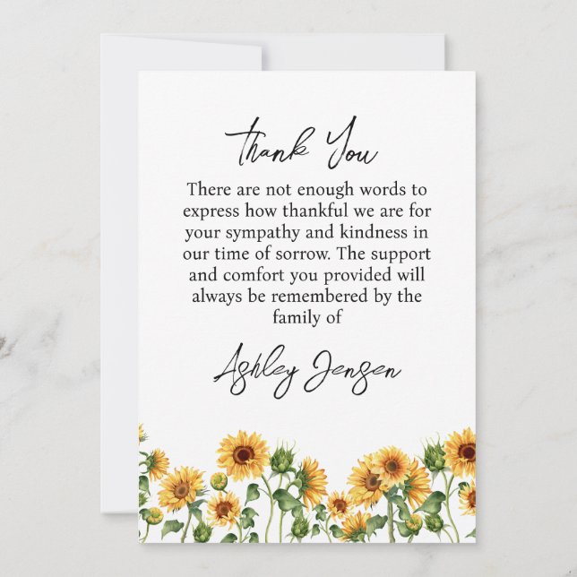 Tarjeta De Agradecimiento Sympathy Sunflower Funeral Thank You Card (Reverso)