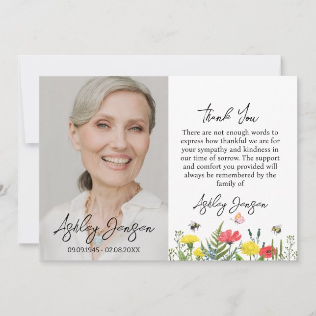 Tarjeta De Agradecimiento Sympathy Wildflower Photo Funeral Thank You Card (Anverso)