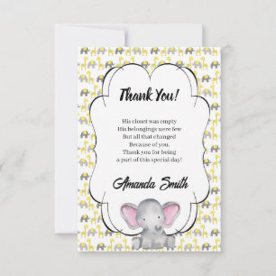 Tarjeta De Agradecimiento T de Baby Shower de elefante y jirafa gris y amari
