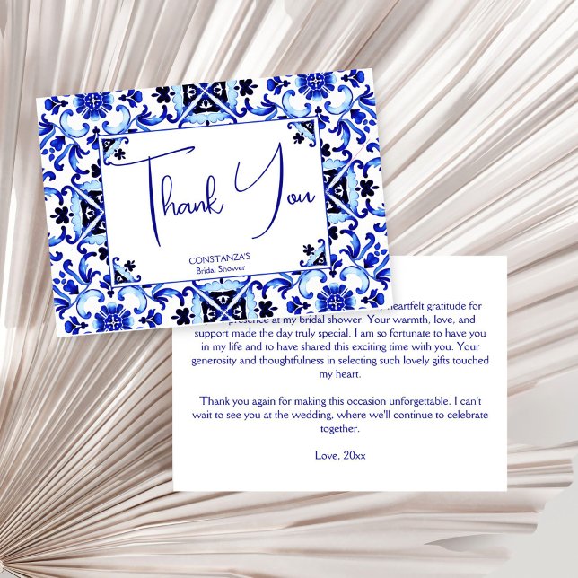 Tarjeta De Agradecimiento Talavera azulejo baldosas azules regadera de la no (Talavera azulejo Mexican blue tiles bridal shower Thank You Card maiolica Mediterranean wedding )