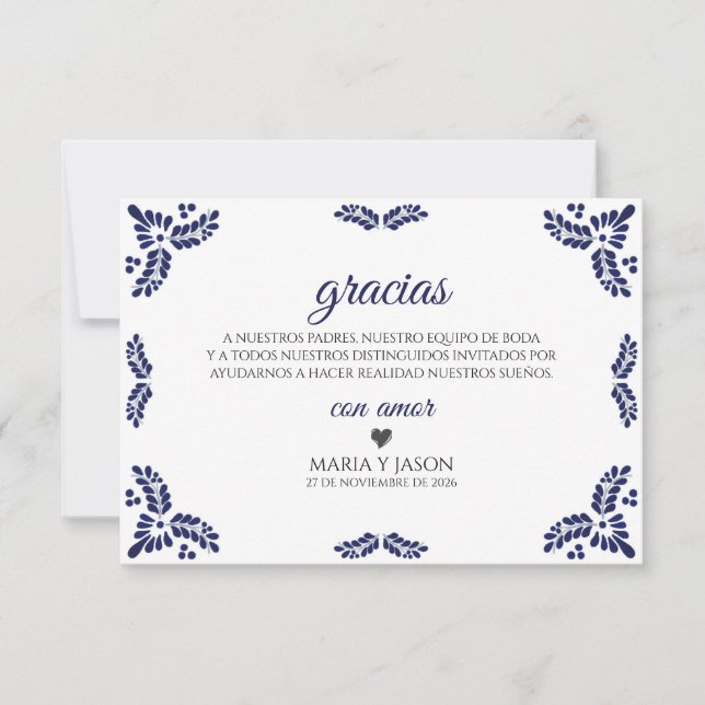 Tarjeta De Agradecimiento Talavera Blue Floral Minimalist Spanish Wedding (Anverso)